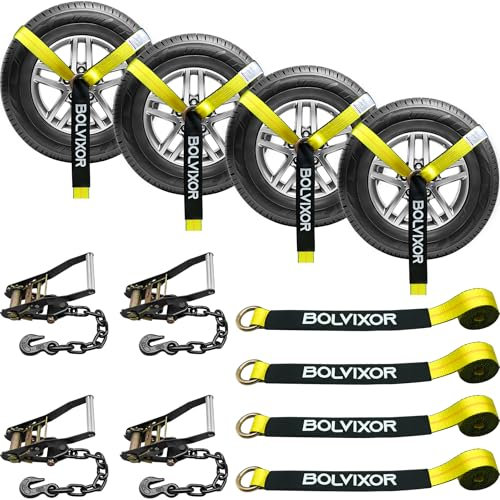 Bolvixor 4 Pack Car Tie Down Straps for Trailers - 2 x 96 - 9900LBS Break Strength - Tire Ratchet Straps with Heavy Duty Chain Anchors for Hauling UTV, SUV, Truck, Any Cars