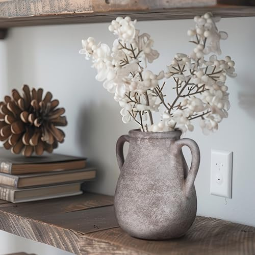 Ceramic Rustic Vase Farmhouse Clay Decorative Terracotta Home Decor Vase Vintage Pot Vases with 2 Handles No Flowers (Gray)