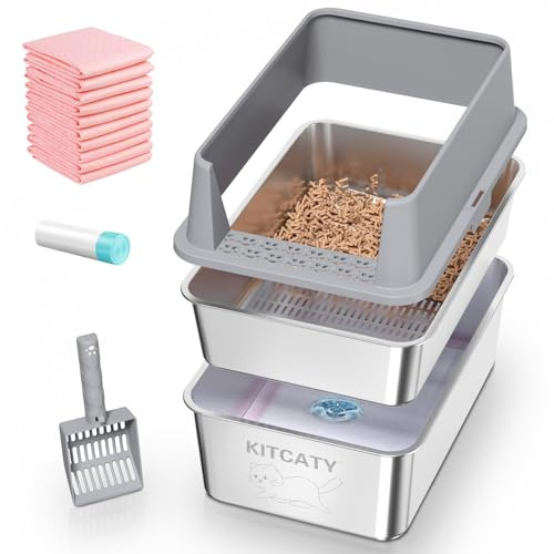 Stainless Steel Sifting Litter Box, for Pine Wood Pellet Cat Litter, XXL Metal Cat Litter Boxs with Lid, 23.6''X15.7''X14'' High-Sided Litter Box,Leak-Proof,Easy to Clean, with Scoop, Urine Pad, Liner