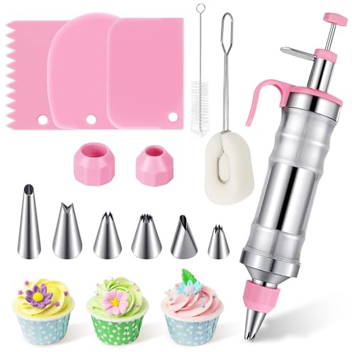 Dessert Decorating Syringe Set, Icing Piping Set with 6 Nozzles & 3 Cream Scrapers, Stainless Steel Cake Frosting Piping Kit Tool for Cupcakes, Cookies, Home Bakers