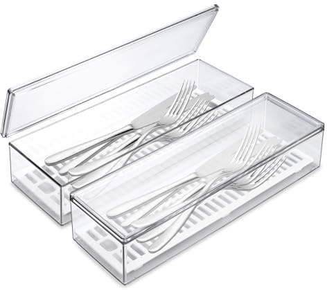 Modixun Besteck-Organizer mit Deckel und Abtropfgestell, Küchenschublade, Besteckkasten, durchsichtiger Geschirr-Utensilienhalter für Löffel, Gabeln, Messer, 2 Stück