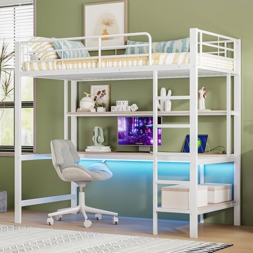NNJN Bettgestell Metallbett, Eisenbett, Hochbett mit Schreibtisch und DREI großen Ablagen für Kinder, Jugendliche und Erwachsene, 90x200 cm Weiß