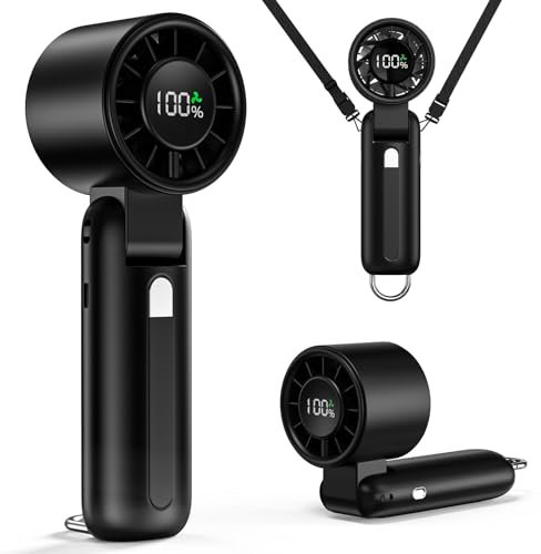 2025 Turbo Handheld Fan - 100-Speed Adjustable, USB Rechargeable, 5000mAh Battery, 7-Blade High-Speed Cooling for Travel, Office & Camping - Compact, Foldable with LED Display & Carabiner Clip (Black)