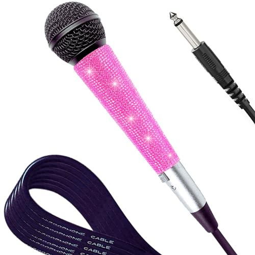 RhymKawa Black XLR Wired Vocal Microphone with Pink Rhinestone Sleeve | Wired Mic Uses Cardioid Pickup For Focused Vocals; 11.5-Ft Lead And Pink Crystal Cover and Band Suit Stage Or Karaoke