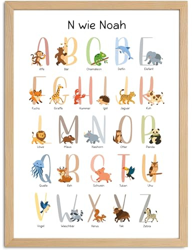 SpecialMe® Kinder-Poster Geschenk Einschulung personalisiert mit Name | ABC Zahlen Buchstaben Lernen | Bilder Kinderzimmer mit lustigen Tieren