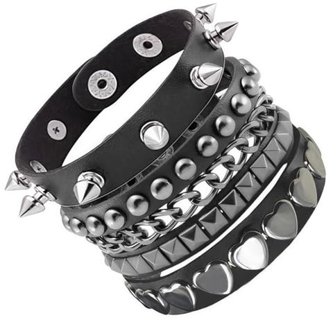 Ehuixinsheng 3Pcs Punk Studded Bracelet,Adjustable Punk Rock Spiked Leather Bracelets for Men Women 80s 90s Wristband Black Gothic Bracelet for Halloween Accessories, Cosplay Party Favors