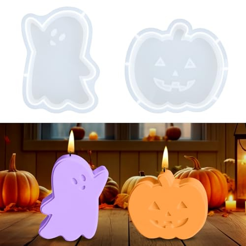 2 Stück Silikonformen Gießformen Geist Kürbis Kerzenformen zum Gießen, Halloween Silikonform Kerzenhalter, Bastelbeton Gips Formen für Kunsthandwerk Halloween Deko DIY