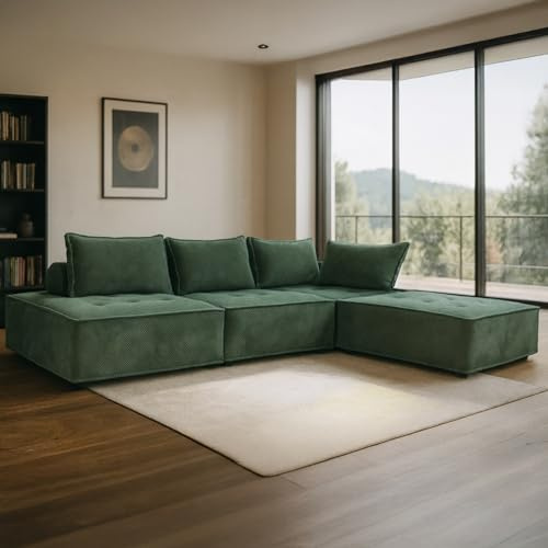 CONCEPT USINE | Canapé d'angle Modulable 4 Places STAVA | Velours Texturé Vert | Élégant et Confortable | Design Moderne | Assise Spacieuse et Moelleuse | Structure Robuste Bois Massif | Idéal Salon
