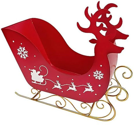 Slitta di Babbo Natale rossa porta regali doni ai bambini in Metallo cm 36 con Renne allestimenti decorazioni natalizie complemento d'arredo casa o albero di natale