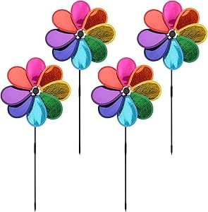 ZMDMAH 4er Set Windspiel Blume Windrad Garten 30cm Ø 71cm Höhe Bunter Windmühle Spinner für Garten Balkon & Vogelabwehr Gartendeko (Regenbogen,PVC)