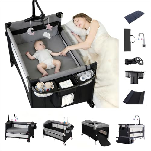 Aveainelle Pack and Play Baby resesäng, vikbar och konvertibel babyvagga, justerbar spädbarn liggdel, spädbarn med myggnät (grå utan nät)