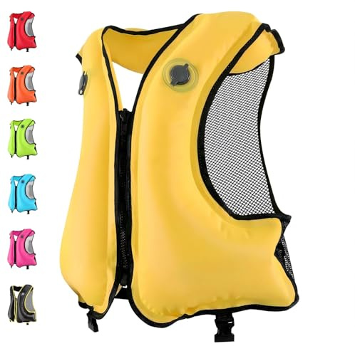FORWEWAY Adults High-Visibility Inflatable Swimming Jacket Adjustable Buoyancy Vest with Dual Air Chambers for Surfing Kayaking Diving Water Safety (Yellow)