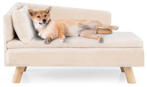 COSTWAY Cuccia per Cani da Interno di Taglia Grande, Divano per Cani Imbottito con Cuscino Rimovibile e Bracciolo, Letto per Animali Rialzato con Gambe in Legno e Schienale, Portata 50 kg (Bianco)