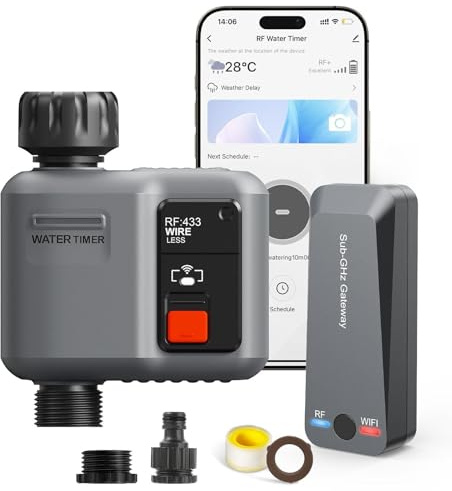 johgee Smart WiFi Water Timer for Irrigation with 984 Feet RF Gateway, Remote Control Sprinkler Hose Timer for Garden Hose, Rain Delay,WiFi Irrigation Sprinkler Controller for Garden