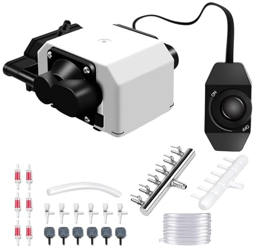 Aquarium Luftpumpe mit 6 Ausgängen, 25W Regelbare Teichbelüfter, Aquarium Sauerstoffpumpe mit Luftsteine, Leise Belüfterpumpe Leistungsstarke Aquariums Luftpumpe 3300 L/H für Aquarien Teichsysteme