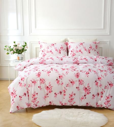 HOMEMAKER BEDDING Duvet Set with Flower Blooms, Quilt Cover Pillow Cases, Spring Summer (Pink/White, Single)