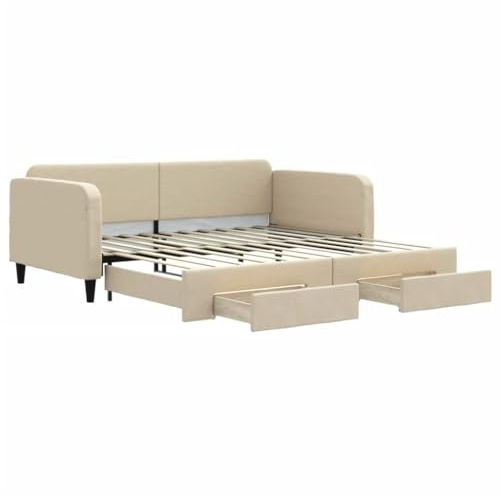 mtlskopl Ausziehbares Tagesbett in Creme 100x200 cm mit 2 Schubladen Schlafsofa Sofabett Holz Metall Rahmen Stauraumbett für Gäste Wohn Schlafzimmer