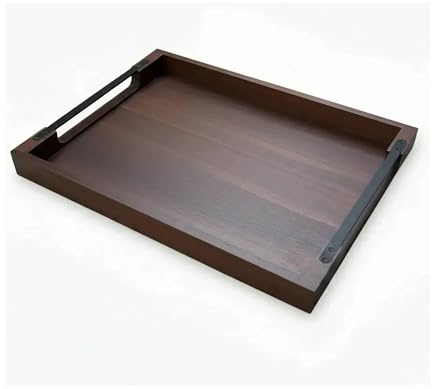 Serviertablett Holz mit Griffen – Akazien-Holztablett, groß 48x38 cm | Rechteckiges Akazienholz-Tablett mit Metallgriffen – Servierplatte, Frühstückstablett & Deko-Tablett (48x38 cm)