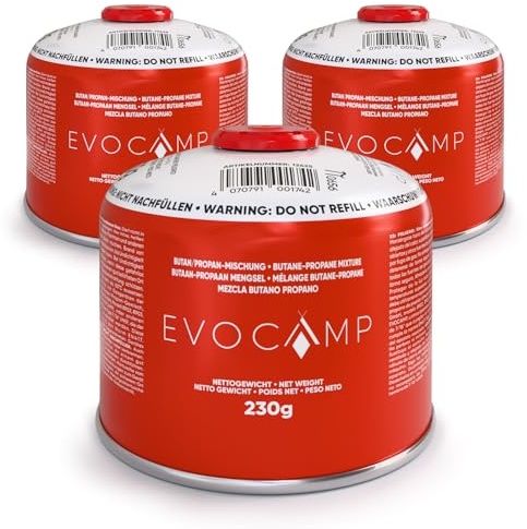 EVOCAMP 3X Gaskartuschen 230g mit Schraubventil, EN417 Schraubkartusche mit 7/16 Gewinde, Butan-Propan-Gas für Campingkocher, Gasgrill, Gaslampen, Camping und Outdoor, mit Sicherheitsventil, 450 ml