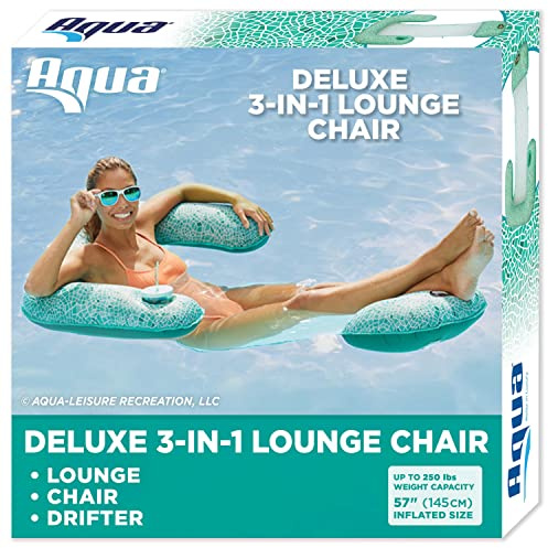AQUA Mosaic 3-in-1 Pool Chair Lounge, Inflatable Pool Float, Multi-Purpose Pool Chair (Lounge, Drifter, Chair), Green Mosaic