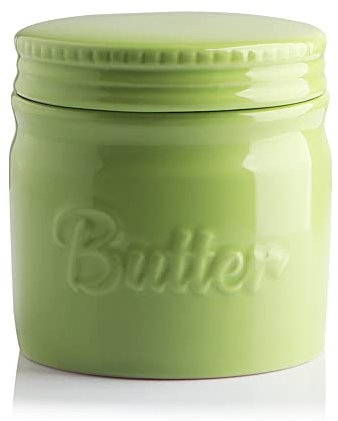 SWEEJAR Porcelain Butter Keeper Crock, French Dish With Water Line, Ceramic Container for Soft Butter (Green)