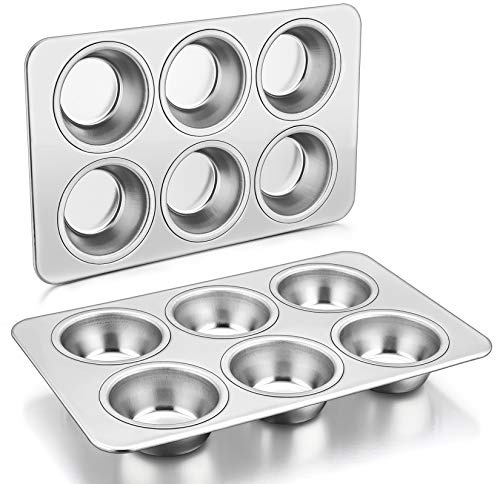 P&P CHEF 6-Cup Muffin Pan Tin, Stainless Steel Cupcake Pan, 2Pcs | Muffin Tin for Oven Baking, Dishwasher Safe, Non-Toxic, Standard Size, Ideal for Homemade Muffin Cup Cake Tart Quiche