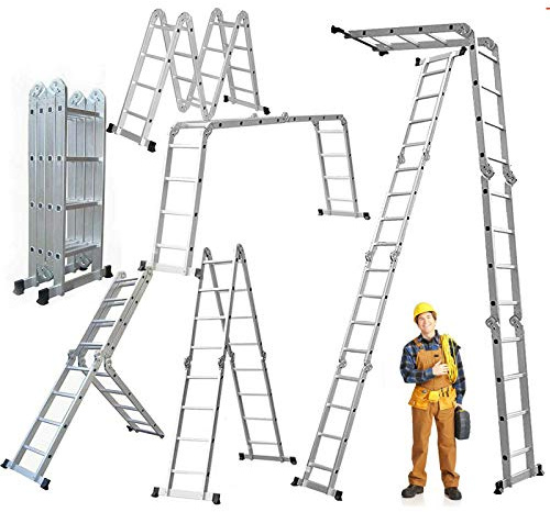 Royalswill 4.7M Retractable Folding Aluminum Combination Ladder Telescopic Herringbone Ladder Multi-Purpose Home/Library/Engineering Ladder with One Tool Tray