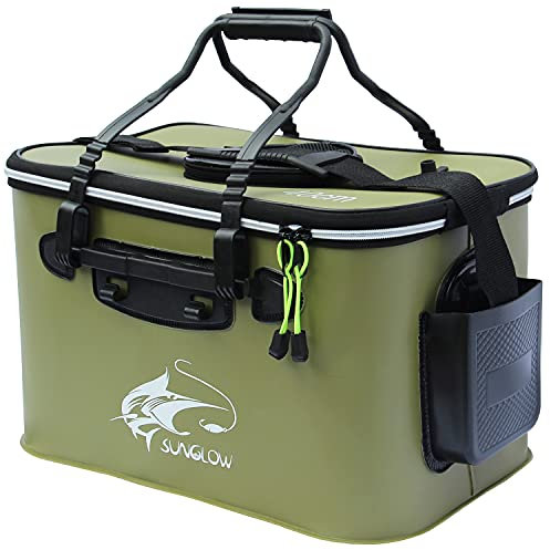 MMSGA Angeleimer, tragbarer Faltbarer Angelköder-Eimer，Multifunktionaler Behälter für lebende Angelköder, Outdoor-Camping-Eva-Angeltasche und Fischschutzeimer(Armeegrün, 38L)