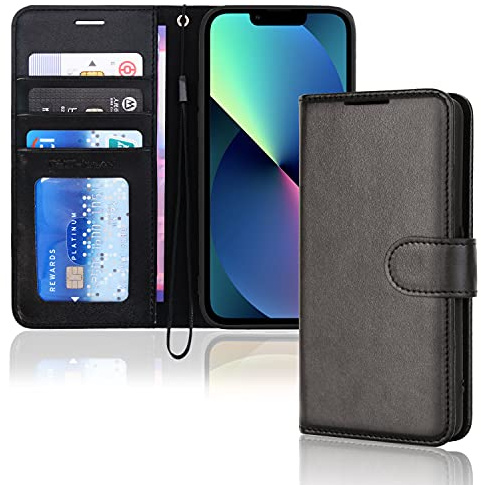 TECHGEAR iPhone 13 Leather Wallet Case, Flip Protective Case Cover with Wallet Card Holder, Stand and Wrist Strap - Black PU Leather with Magnetic Closure for iPhone 13 6.1