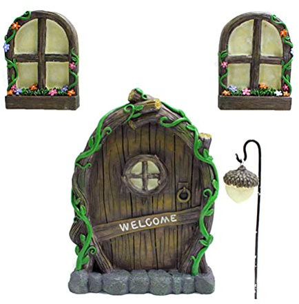 Chiyyak Feen Tür, Fee Haus leuchtenden Zwerg Haus Tür und Fenster Miniatur Garten Dekor UV-Schutz Glühende Baum Dekor Handwerk Garten-Skulptur Garten Bäume (B)
