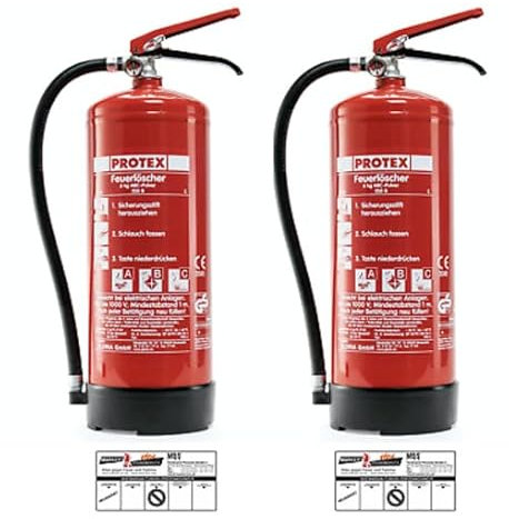 2 estintori a polvere Protex PDE 6 estintori a polvere – 6 kg – per le classi di fuoco ABC – DIN EN 3 e CE – 9,5 kg ciascuno – con pratico supporto – con piastra di prova – Made in EU