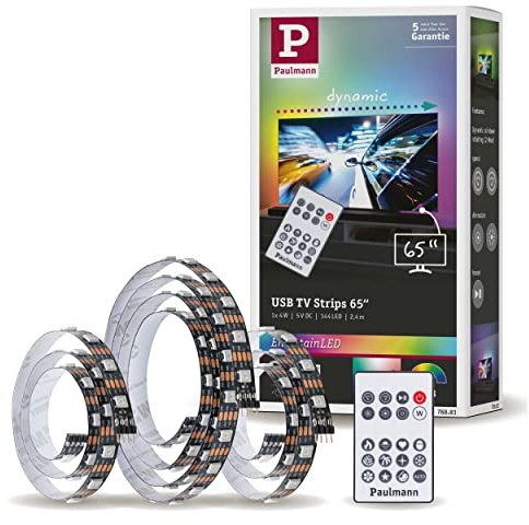 Paulmann 78881 LED Stripe USB TV-Beleuchtung 65 Zoll 2,4m 60LEDs/m Dynamic Rainbow RGB incl. 1x4 Watt dimmbar Lichtband Schwarz Kunststoff