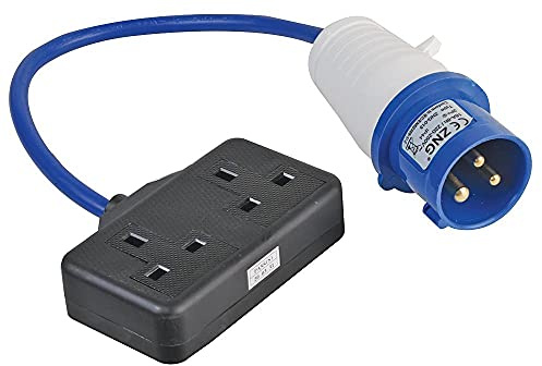 PRO ELEC PELB0139 – 13A UK Mains Socket to 16A CEE Plug Extension Lead, 2‑Gang, 350 mm, Blue
