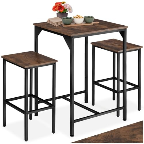 tectake® Ensemble de Bar 3 pièces, Table Haute 60 x 60 x 91 cm et 2 Tabouret Bar 40 x 30 x 66 cm, Style Industriel, Table Haute Mange Debout et Tabouret Haut, Cuisine, Salle à Manger, Bois foncé