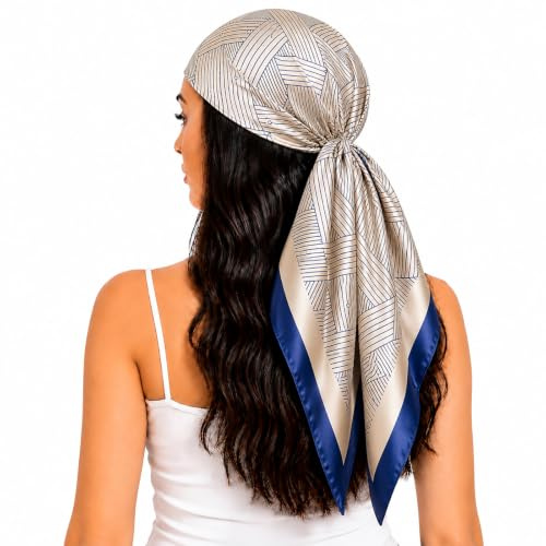 FAIRYGATE Satin Scarf Women Bandana Hijab 90cmX90cm Square Silk Scarves Ladies Shawls and Wraps for Head Hair Neck Scarfs Printed Stripe Pattern 28009
