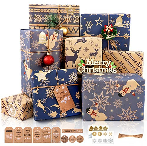 Geschenkpapier Weihnachten, 6 Blatt Dunkelblaues und Braun Weihnachtsgeschenkpapier Set mit Aufklebern Geschenkanhänger und Papierschnur, Kraftpapier Geschenkpapier für Weihnachten Neujahr, 70x50CM