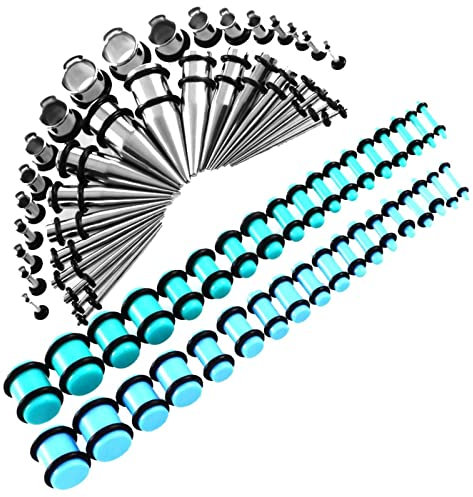 Dehnstäbe Chirurgenstahl, Tunnel Piercing mit 72PCS Blau Hohlkegel und Uv-Segment-O-Ring Body Piercing Schmuck Geschenk Set