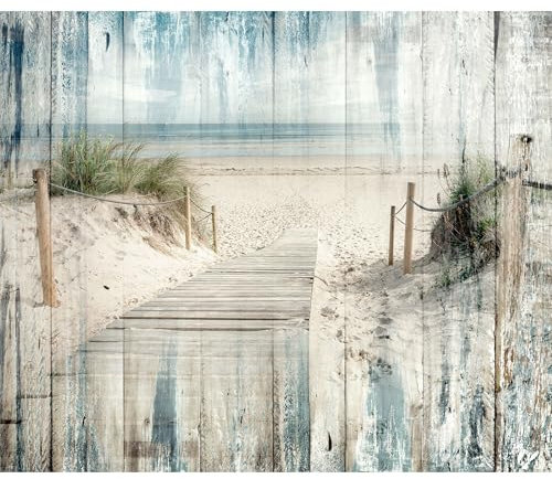 decomonkey Fototapete selbstklebend Strand Holzoptik 441x315 cm Selbstklebende Tapeten Wand Fototapeten Tapete Wandtapete klebend Klebefolie Meer Dünen Natur Landschaft Büro Flur Blau Beige