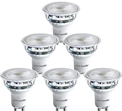 paul russells LED Glass GU10 – Dimmable Fittings Spot Lightbulbs, 4.5W 345 Lumens LED Bulbs, 50w Equivalent, Bright 6500K Daylight, Dimmer Energy Saving 38° Ceiling Spotlights, 6 Pack