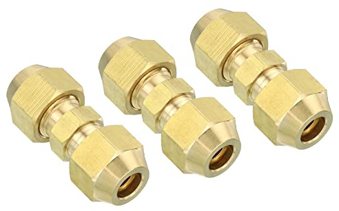 PATIKIL 1/4 OD Brass Flare Union Connector, 3 Set Air Conditioning Copper Double Pipe Extension Joint Connectors Pipe Hose Fitting with Nut, 1.44 x 0.43inch