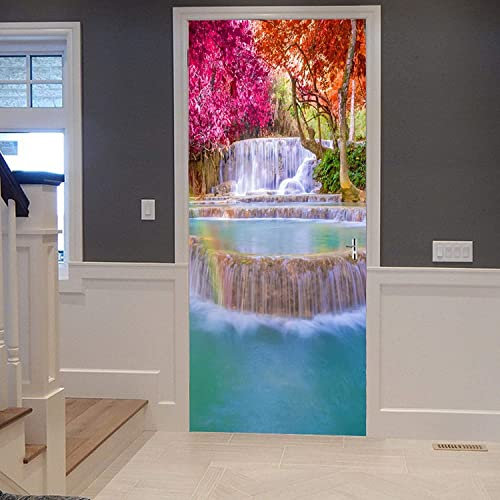 Türfolie Türtapete Türposter Selbstklebend 3D Fototapete Klebefolie Tür Mit Motiv Türaufkleber Kinderzimmer Bunte Wasserfall-Flusslandschaft 90 X 200 Cm