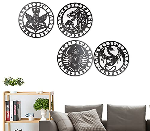 Arsey Wikinger Deko Nordische Mythologie Runen Mittelalter Wandkunst Nordischer Heilige Kreatur Thors Hammer Wolf Fenrir Drache Baum Des Lebens Symbol Wanddeko Wohnzimmer Holz, Schwarz, 4 Stücke