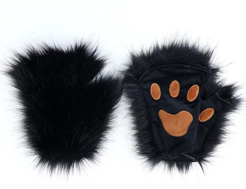 hbbhml Guanti in pelliccia sintetica con zampa, morbidi artigli per Halloween, Natale, feste, carnevale, cosplay, accessori per ragazze e donne, Nero , eine Größe.
