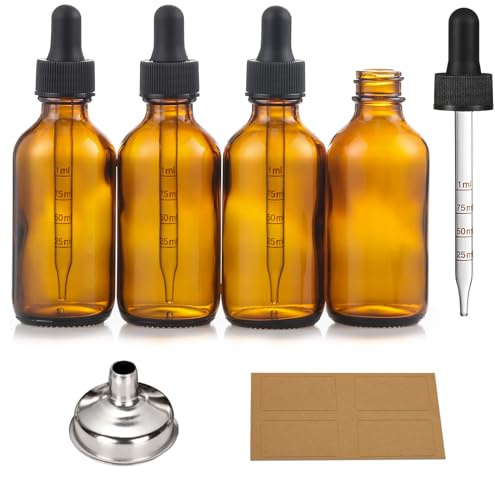 4 Pack 1 oz Glass Dropper Bottles with Measured Dropper - 30ml Dark Amber Tincture Bottles with Graduated Calibrated Glass Eye Droppers (1ml) for Essential Oils, Liquids - Leakproof Travel Bottles
