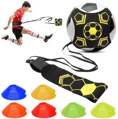 Hoedia Fußball-Trainer mit Fußballkegeln, Trainingshilfe, Gürtel, freihändig, Kontrolle und Fähigkeiten, Fußball-Trainingsgerät für Erwachsene, passend für Bälle der Größe 3, 4 und 5 (gelb)