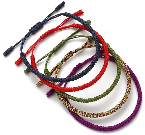LUCKY BUDDHIST 5 Pulseras Budistas Tibetanas Ajustables – Pulseras de Cuerda Trenzada para Hombre y Mujer – Incluye Llavero Buda de Madera