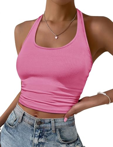 Ekouaer Debardeur Femme Crop Top Chic Et Élégant Ete Mode Dos Nu Sport Top Femme Côtelé Tricoté Debardeur, Rose, M