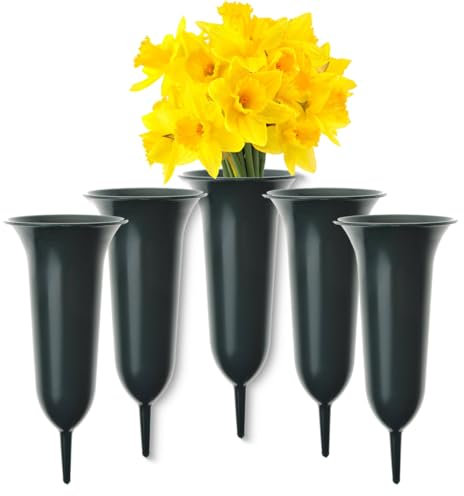 matches21 HOME & HOBBY Grabvasen zum Stecken als frostsichere Grabdeko - Große Friedhofs-Vasen 5er in 37 cm als wetterfester Kunststoff Grabschmuck - Grüne Erdspieß Blumenvasen als schöne Steckvasen