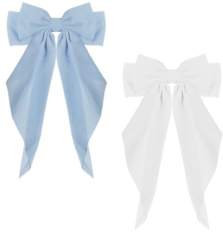 ZEVONDA 2 Pezzi Fermaglio per Capelli con Fiocco - Clip per Capelli Chiffon Forcina per Capelli con Fiocco Grande con Nastro Lungo per Donne e Ragazze(Blu + Bianco)