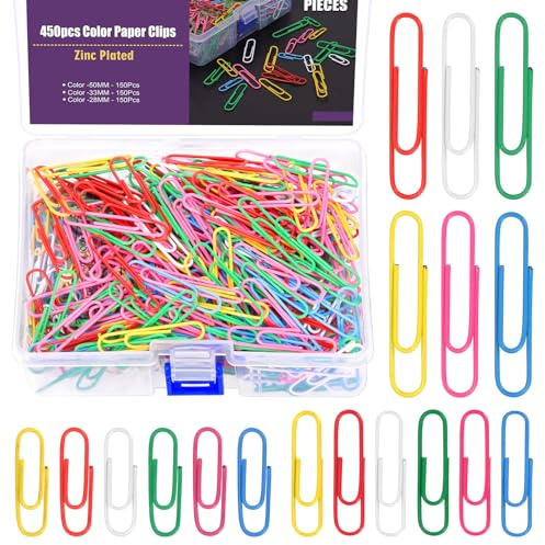 Swpeet Lot de 450 trombones en métal coloré, 2,8/3,4/5 cm, assortis en petites, moyennes et grandes tailles, réutilisables, idéales pour le bureau, l'école et l'organisation de documents